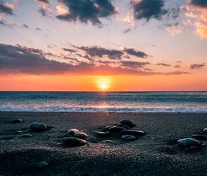 Preview wallpaper sea, stones, shore, horizon, sunset, sky