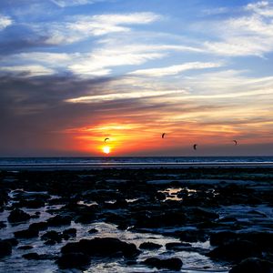 Preview wallpaper sea, stones, sunset, birds