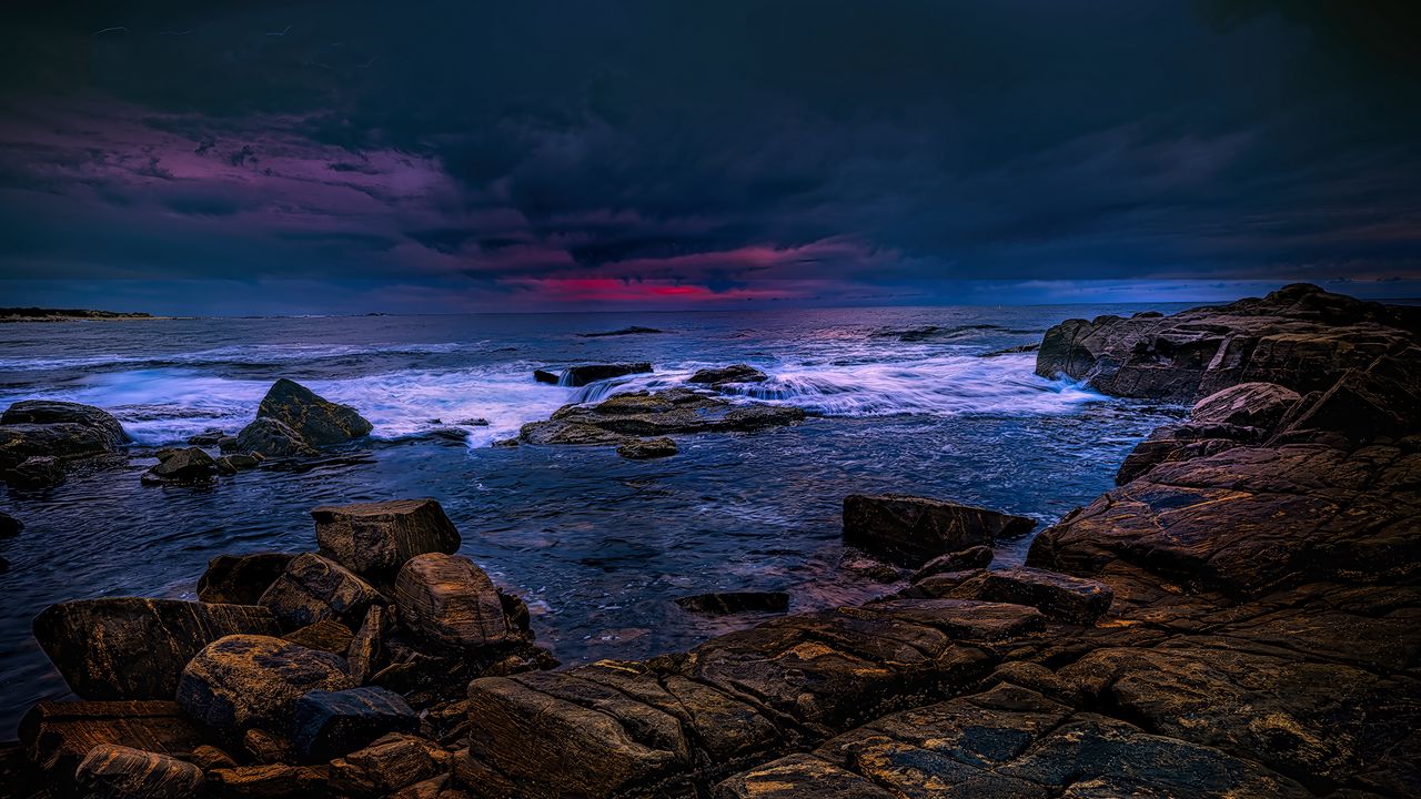 Wallpaper sea, stones, thunderstorm, clouds, dark