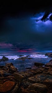 Preview wallpaper sea, stones, thunderstorm, clouds, dark