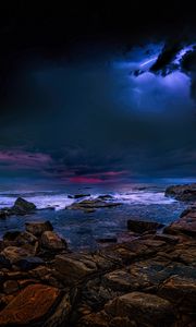 Preview wallpaper sea, stones, thunderstorm, clouds, dark