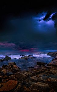 Preview wallpaper sea, stones, thunderstorm, clouds, dark