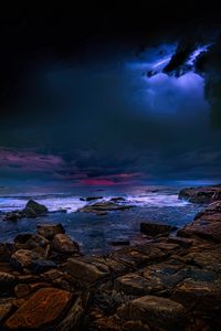 Preview wallpaper sea, stones, thunderstorm, clouds, dark