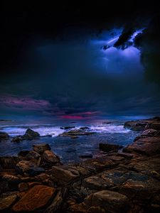 Preview wallpaper sea, stones, thunderstorm, clouds, dark