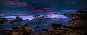 Preview wallpaper sea, stones, thunderstorm, clouds, dark