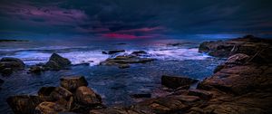 Preview wallpaper sea, stones, thunderstorm, clouds, dark