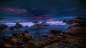 Preview wallpaper sea, stones, thunderstorm, clouds, dark