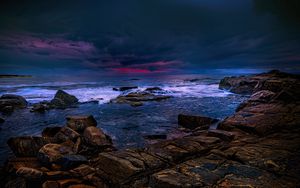 Preview wallpaper sea, stones, thunderstorm, clouds, dark