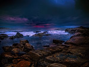 Preview wallpaper sea, stones, thunderstorm, clouds, dark