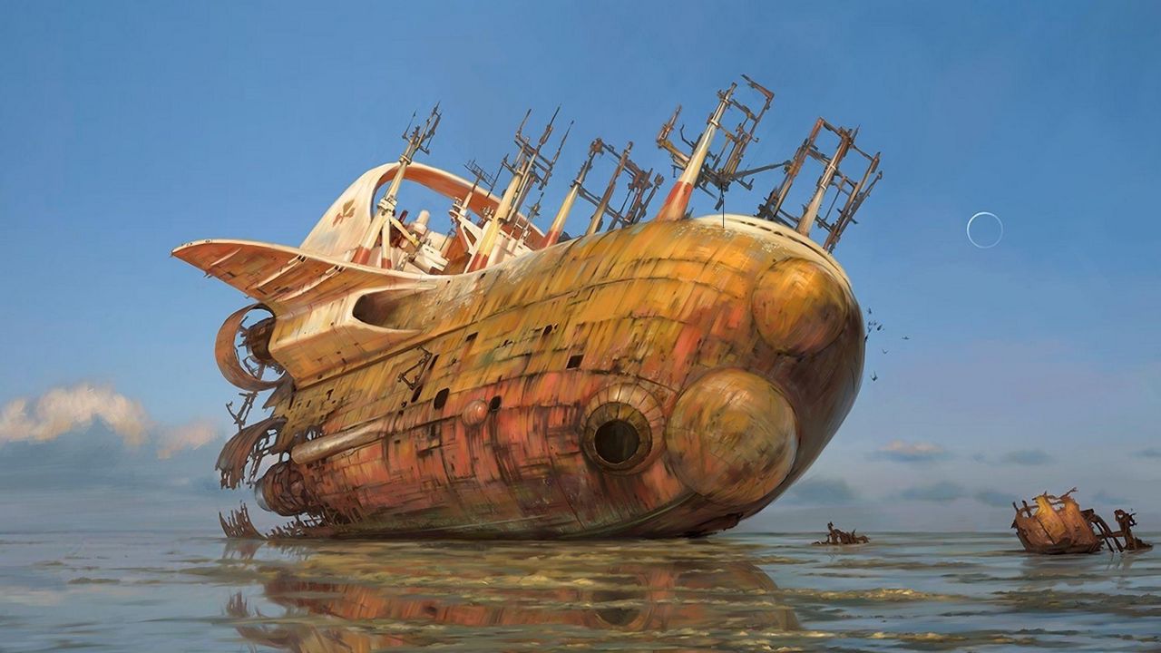 Wallpaper sea, stranding, ship, old, debris, reflection