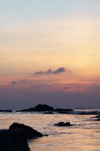 Preview wallpaper sea, sunrise, landscape, rocks