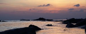 Preview wallpaper sea, sunrise, landscape, rocks