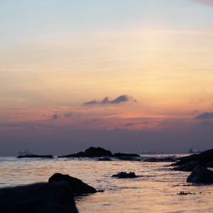 Preview wallpaper sea, sunrise, landscape, rocks