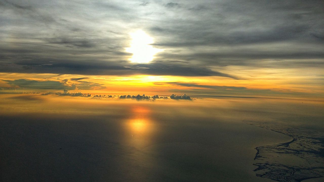 Wallpaper sea, sunset, aerial view, clouds, overview, height