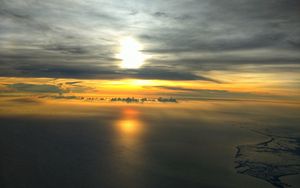 Preview wallpaper sea, sunset, aerial view, clouds, overview, height