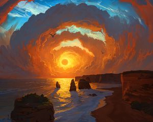 Preview wallpaper sea, sunset, art, rocks, sky, clouds, landscape