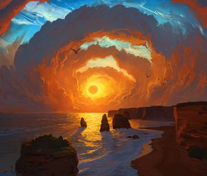 Preview wallpaper sea, sunset, art, rocks, sky, clouds, landscape