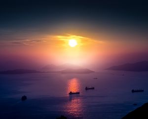 Preview wallpaper sea, sunset, boat, dock, horizon