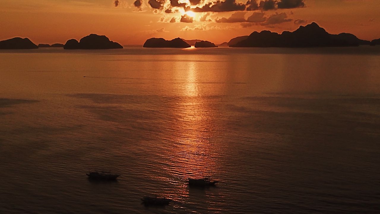 Wallpaper sea, sunset, boats, aerial view, twilight, dark