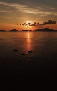 Preview wallpaper sea, sunset, boats, aerial view, twilight, dark