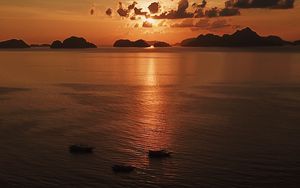 Preview wallpaper sea, sunset, boats, aerial view, twilight, dark