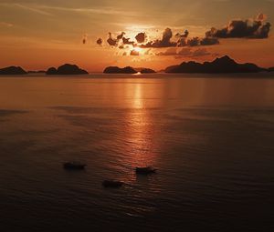 Preview wallpaper sea, sunset, boats, aerial view, twilight, dark