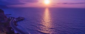 Preview wallpaper sea, sunset, bridge, horizon, purple, lilac