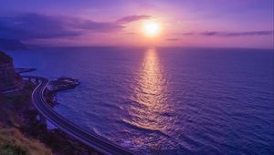 Preview wallpaper sea, sunset, bridge, horizon, purple, lilac