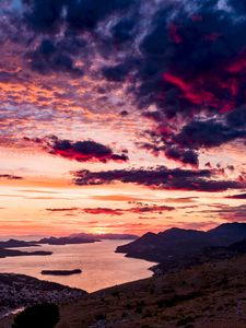 Preview wallpaper sea, sunset, clouds, mountains, croatia