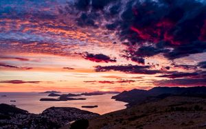Preview wallpaper sea, sunset, clouds, mountains, croatia