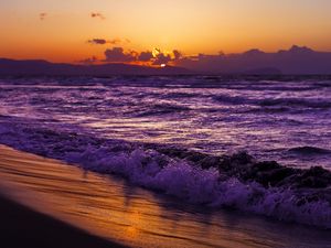 Preview wallpaper sea, sunset, coast, dark, beach