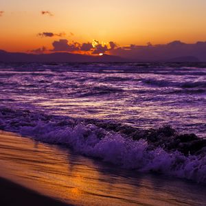 Preview wallpaper sea, sunset, coast, dark, beach