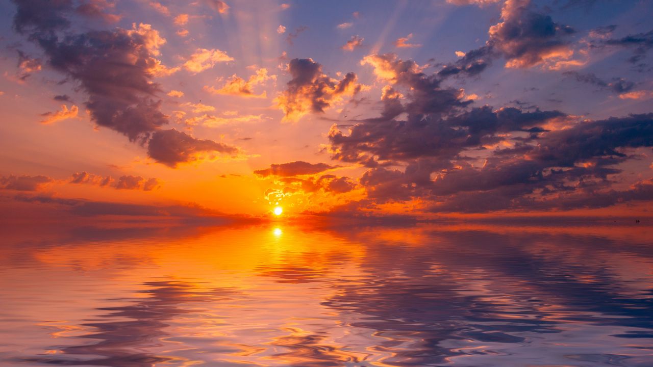 Wallpaper sea, sunset, horizon, sun, reflection, clouds