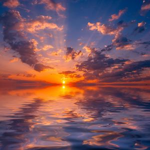 Preview wallpaper sea, sunset, horizon, sun, reflection, clouds