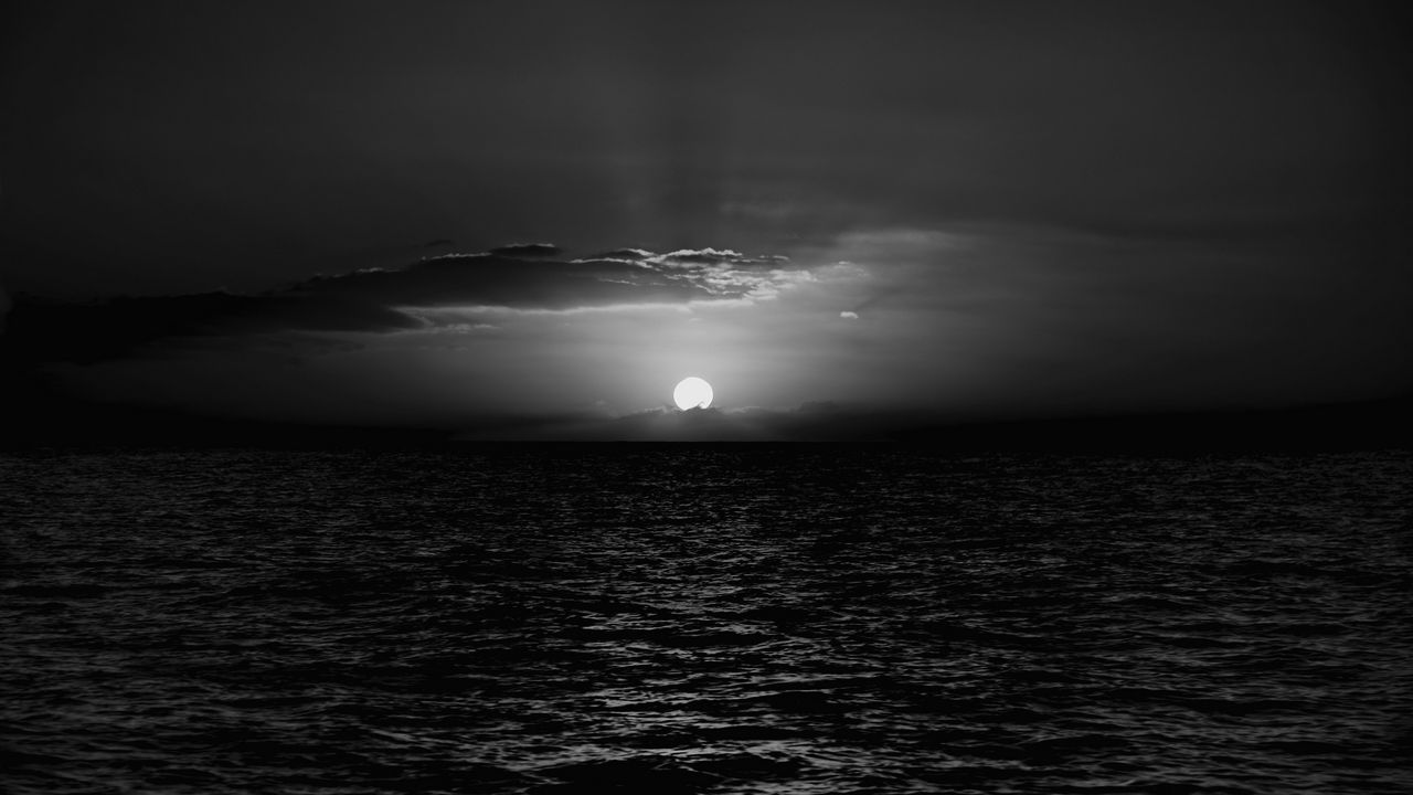Wallpaper sea, sunset, horizon, sun, waves, black and white