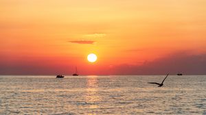 Preview wallpaper sea, sunset, horizon, boats