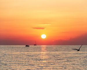 Preview wallpaper sea, sunset, horizon, boats