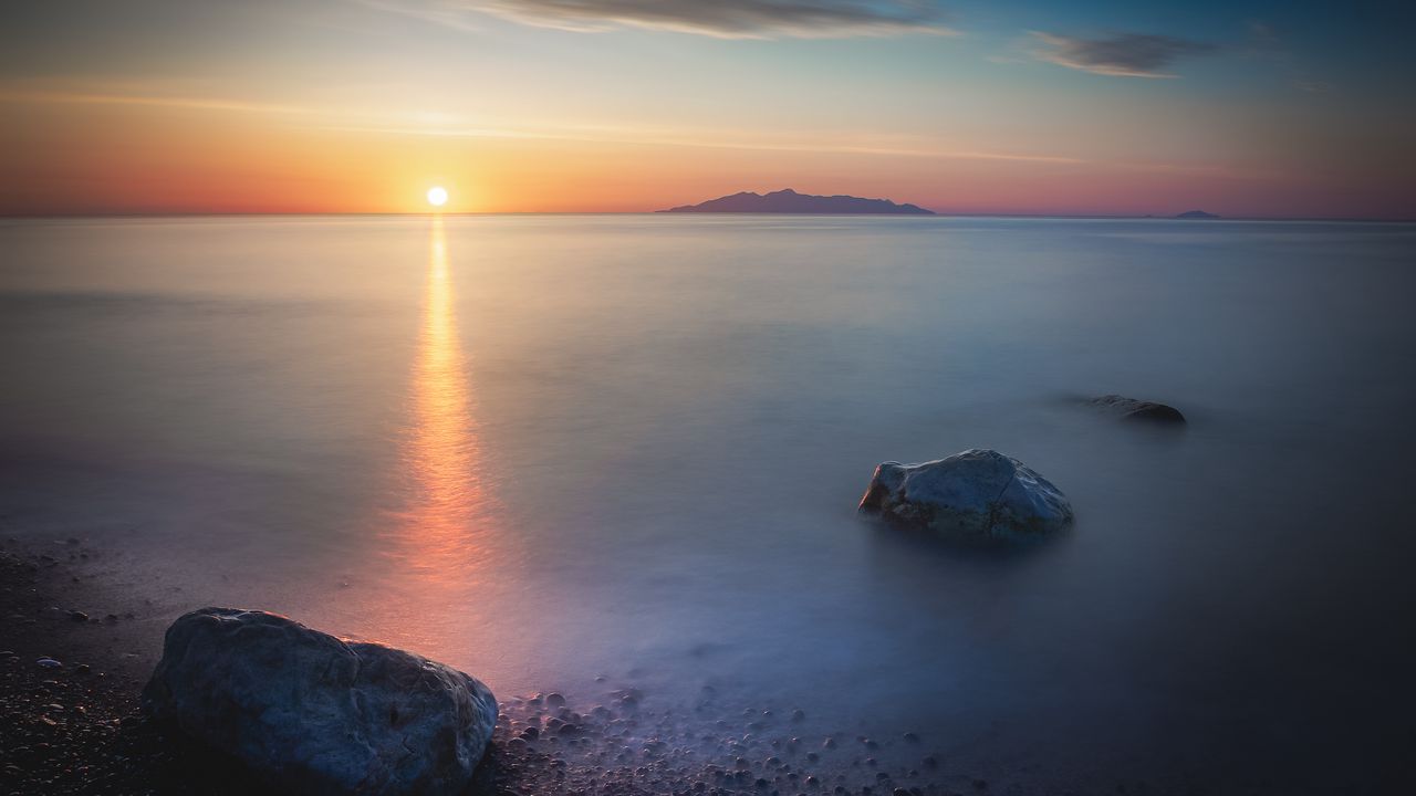 Wallpaper sea, sunset, horizon, landscape, stone