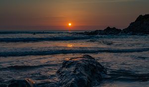 Preview wallpaper sea, sunset, landscape, stones, waves, nature