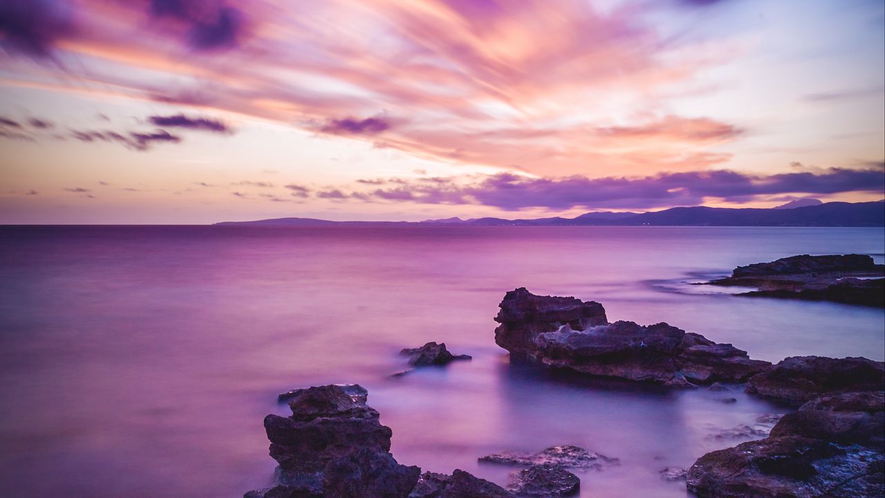 Wallpaper sea, sunset, night, horizon, spain