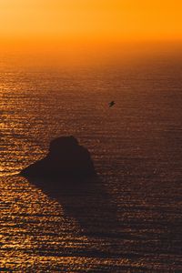 Preview wallpaper sea, sunset, rock, seagull, glare