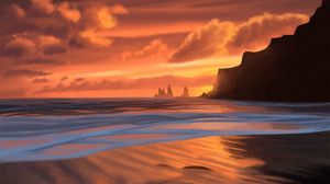 Preview wallpaper sea, sunset, rocks, beach, art