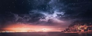 Preview wallpaper sea, sunset, starry sky, horizon, france