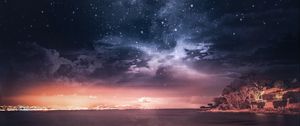 Preview wallpaper sea, sunset, starry sky, horizon, france