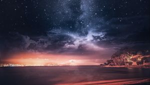 Preview wallpaper sea, sunset, starry sky, horizon, france