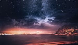 Preview wallpaper sea, sunset, starry sky, horizon, france