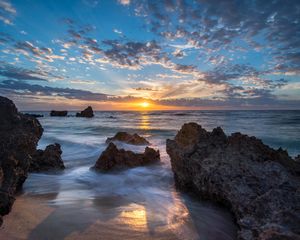 Preview wallpaper sea, sunset, stones, coast