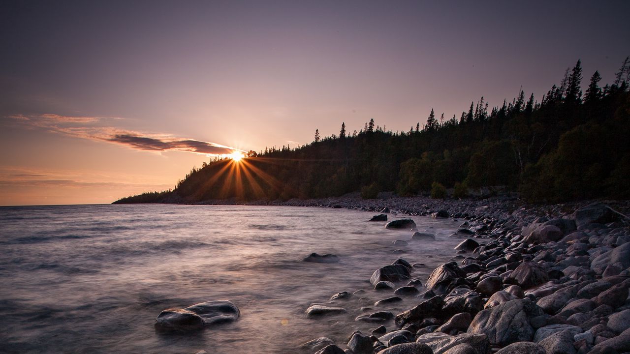Wallpaper sea, sunset, stones, shore, trees