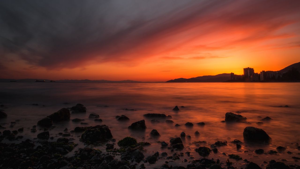 Wallpaper sea, sunset, stones, horizon, sky, coast