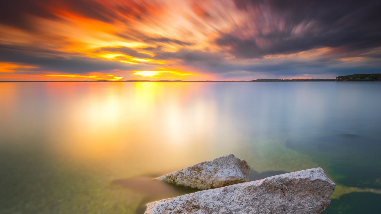 Wallpaper sea, sunset, stones, water, shore
